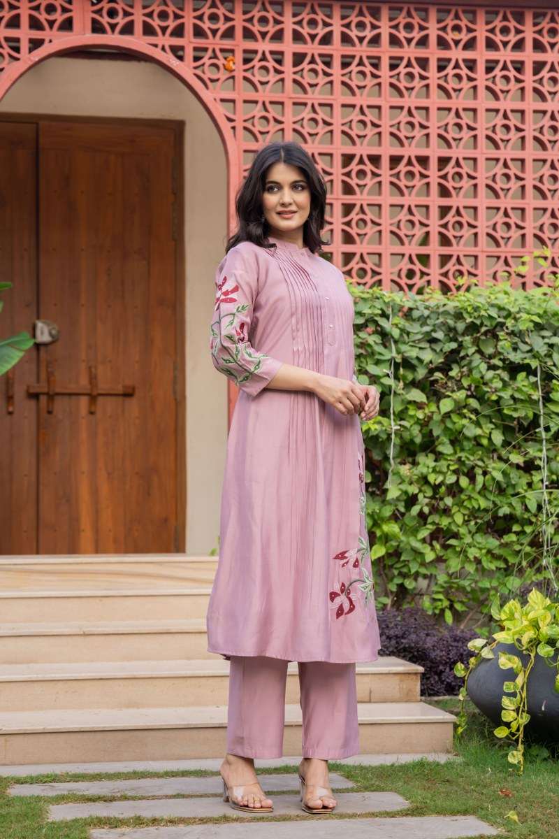 Pure cotton pleated pattern embroidered kurti-pant set