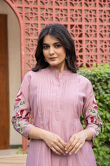 Pure cotton pleated pattern embroidered kurti-pant set