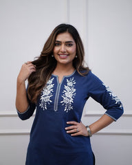 Beautiful everyday front and back embroidered cotton kurti-pant set