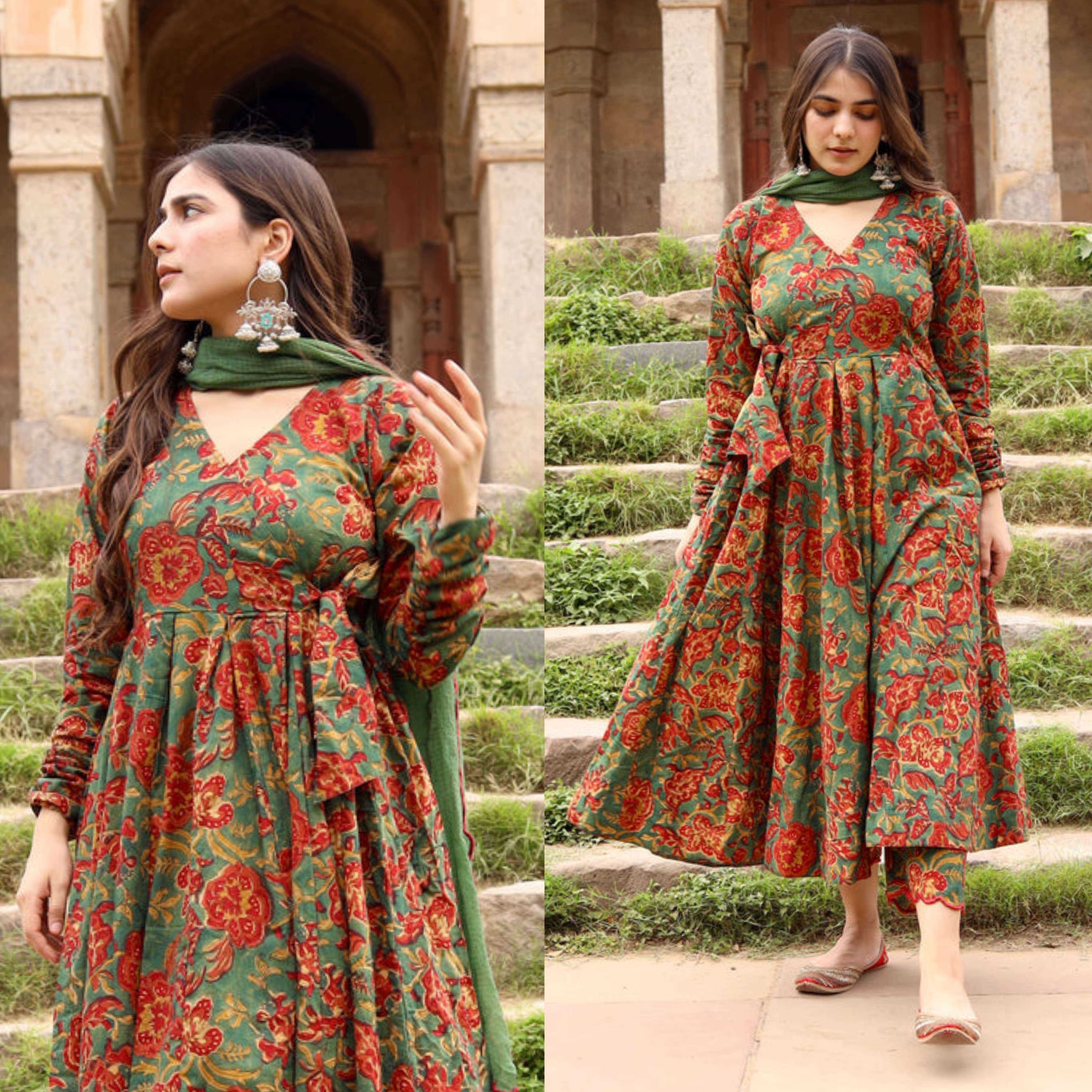 English green full flared cotton anarkali set
