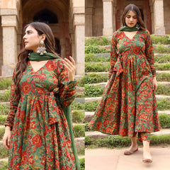 English green full flared cotton anarkali set