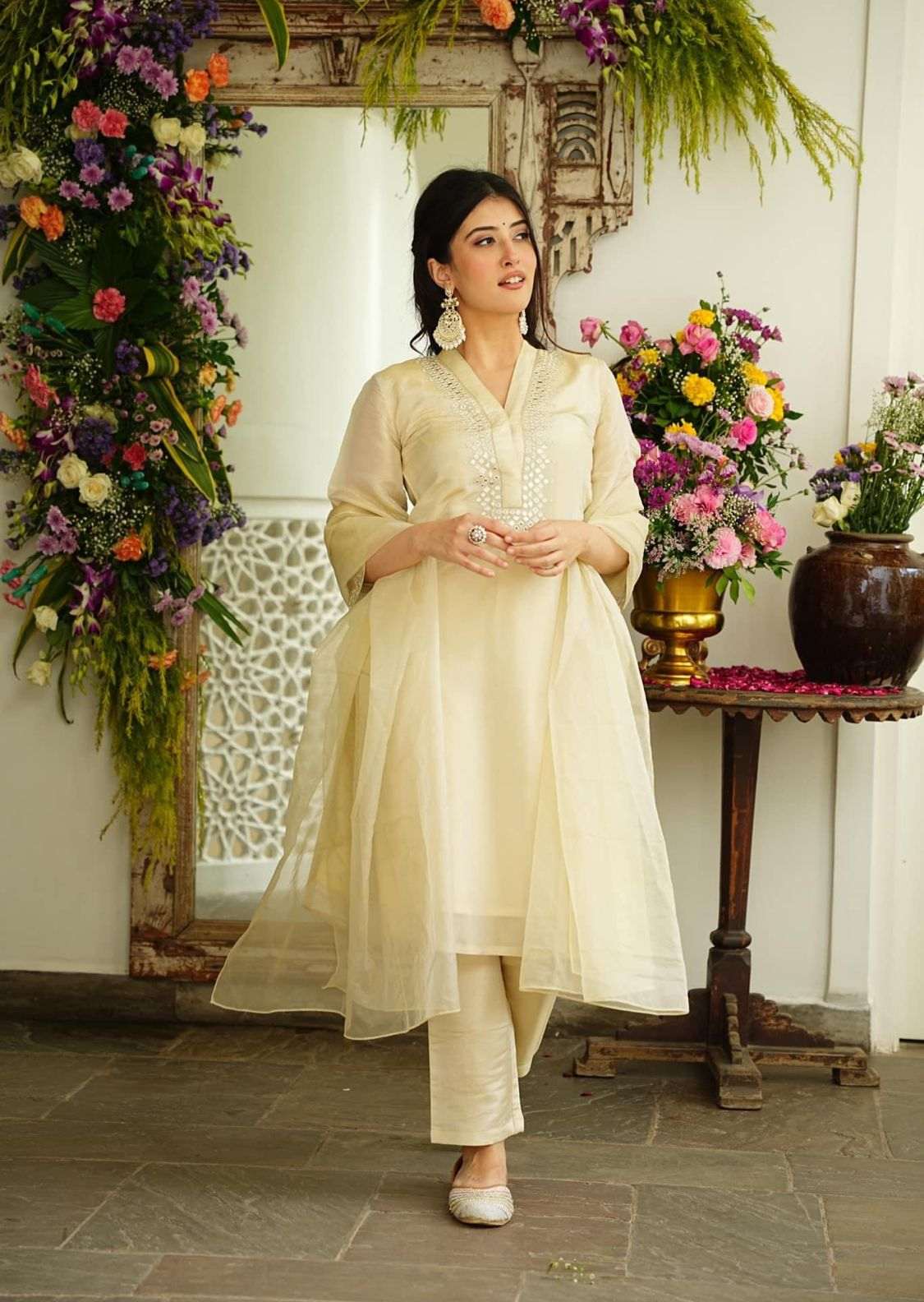 Beautiful pure chanderi fabric neck mirror work suit set