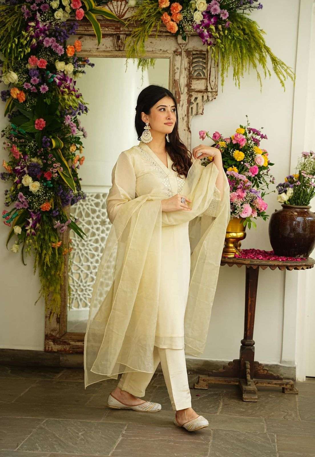 Beautiful pure chanderi fabric neck mirror work suit set