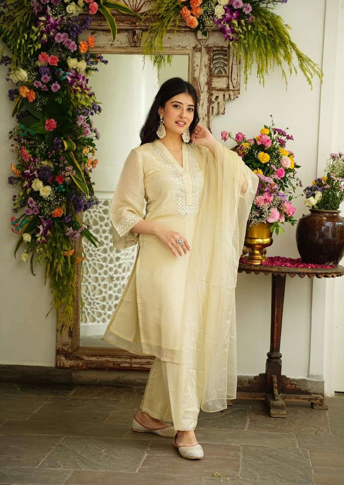 Beautiful pure chanderi fabric neck mirror work suit set