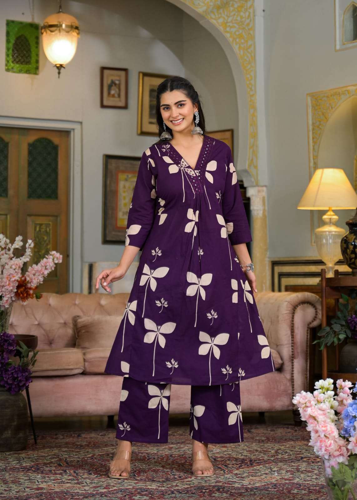 Cotton V-neck printed with embroidery work kurta pant set