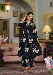 Cotton V-neck printed with embroidery work kurta pant set