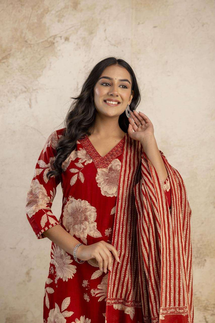 Pure cotton v-neck kurta-pant and dupatta set