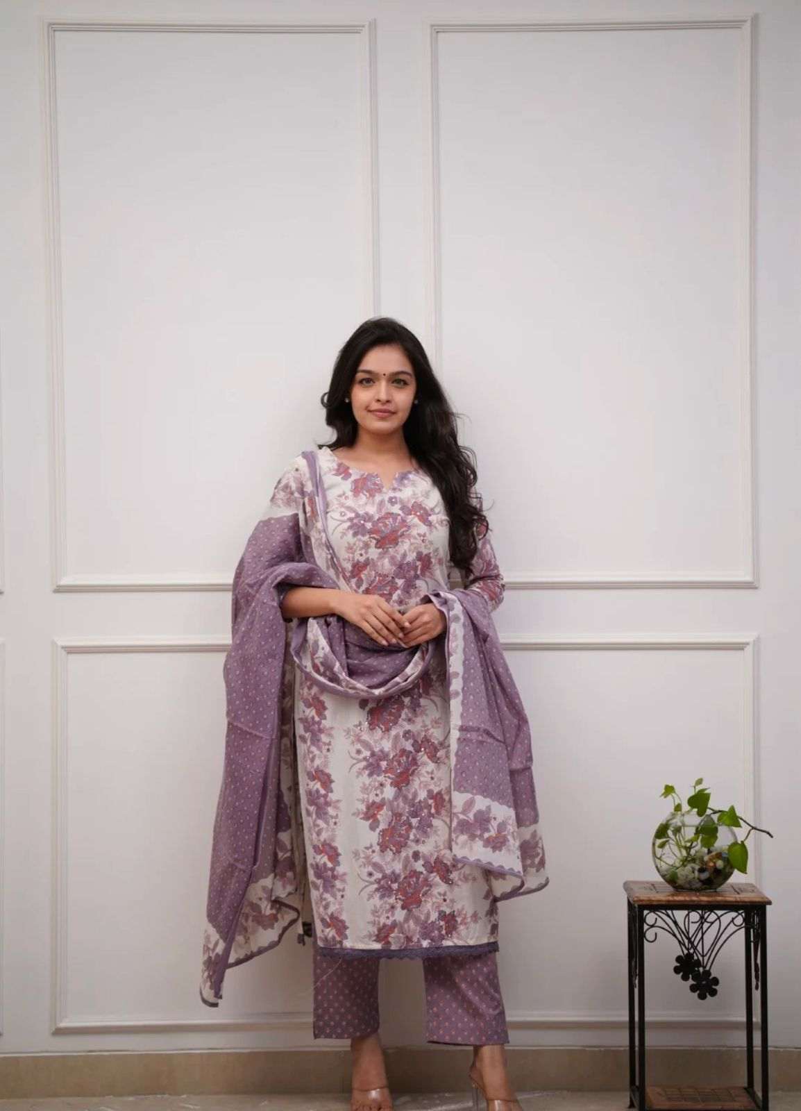 Floral printed sequence work cotton kurti set