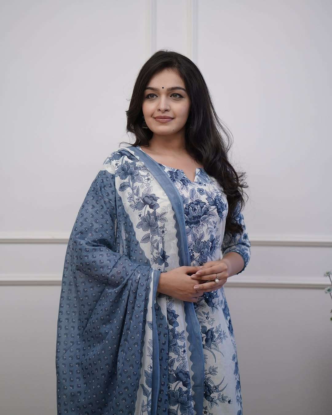 Floral printed sequence work cotton kurti set