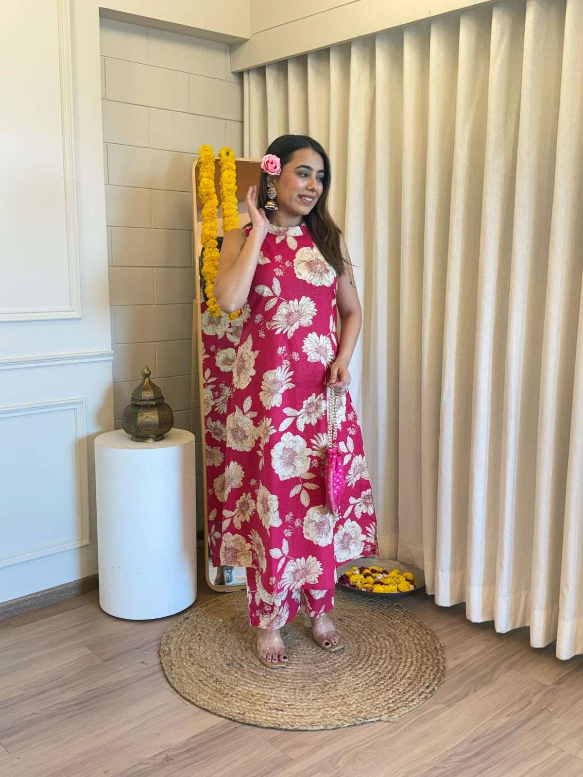 Cotton cut sleeves A-line pattern co-ord set