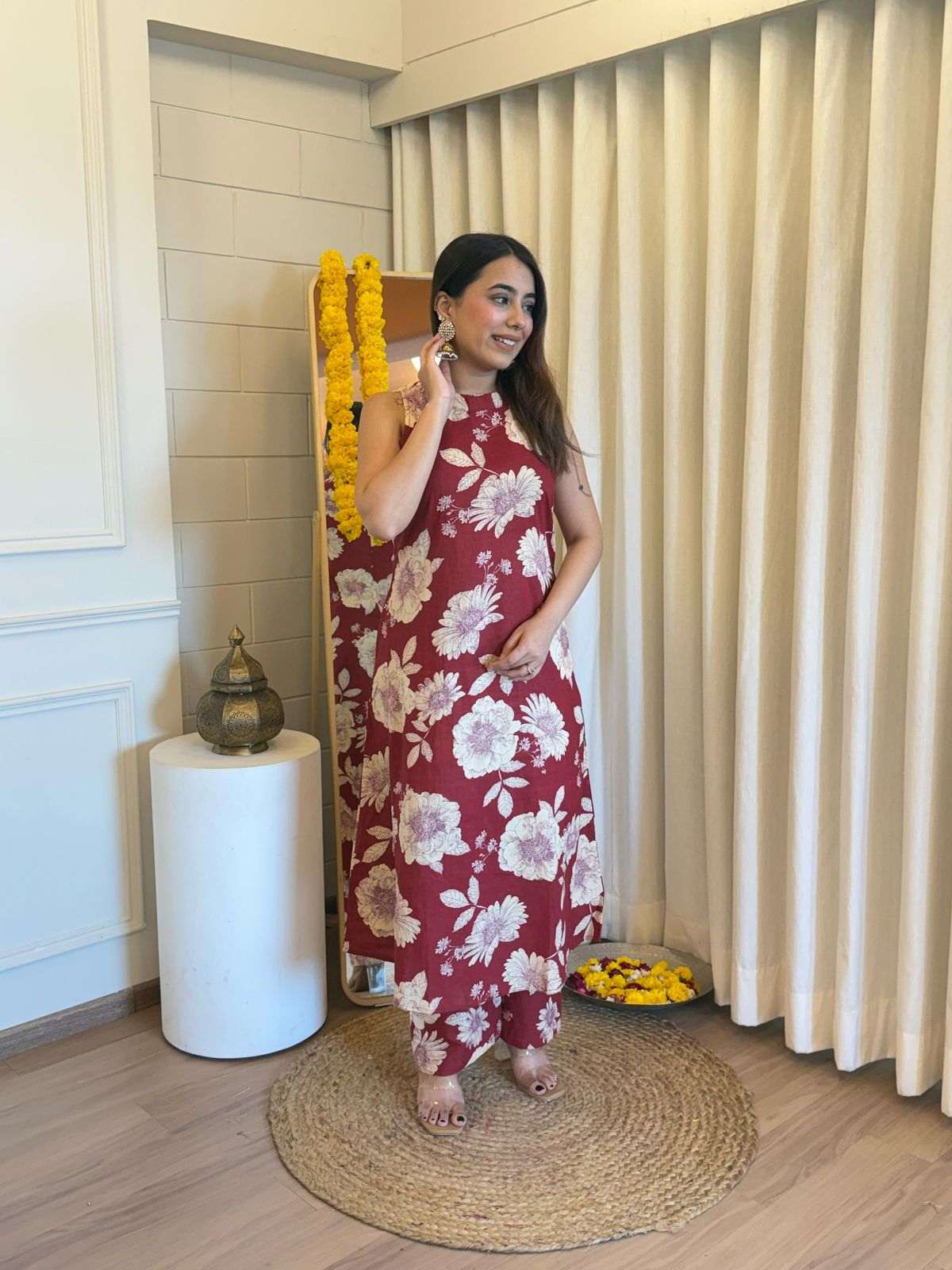 Cotton cut sleeves A-line pattern co-ord set