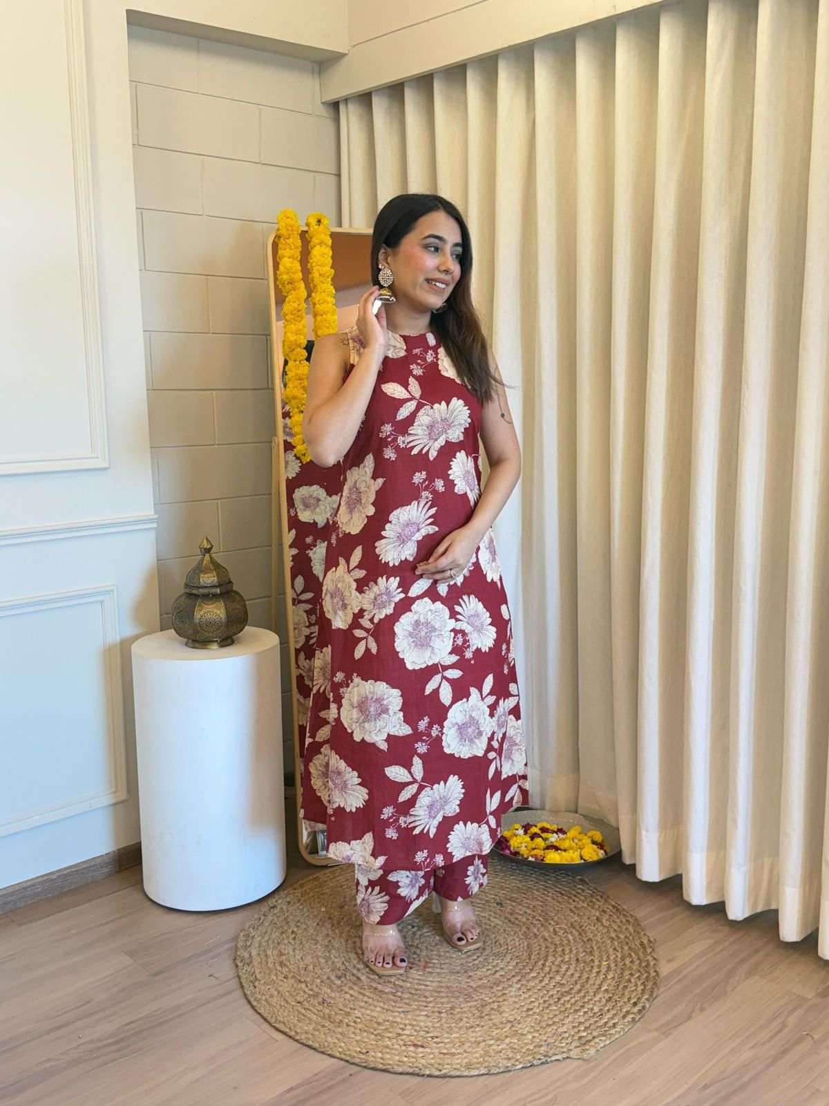 Cotton cut sleeves A-line pattern co-ord set