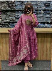 Embroidered anarkali kurta set with cotton pant and dupatta