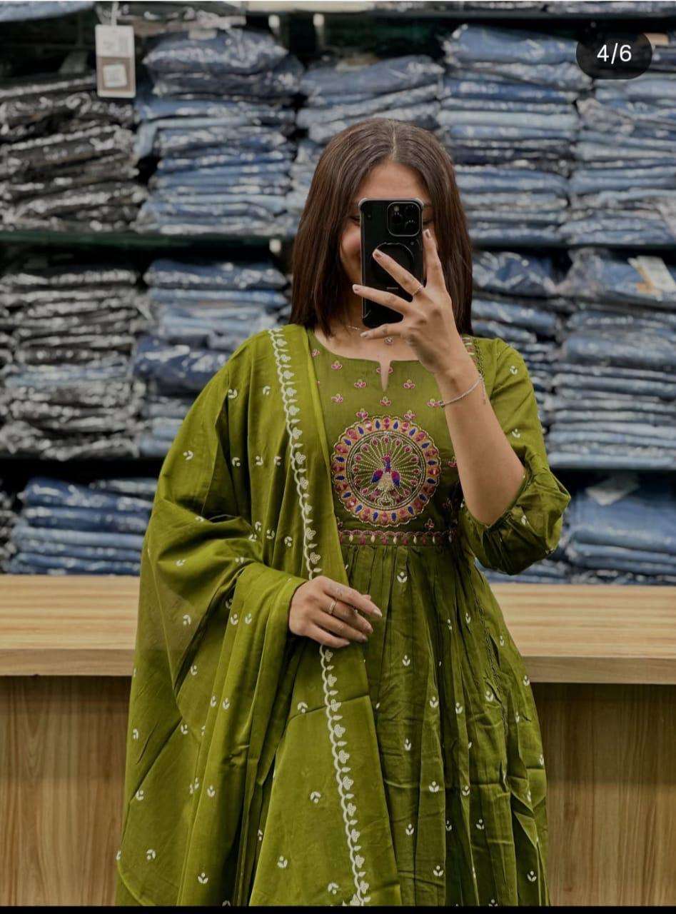 Embroidered anarkali kurta set with cotton pant and dupatta