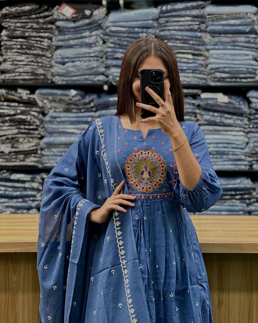 Embroidered anarkali kurta set with cotton pant and dupatta