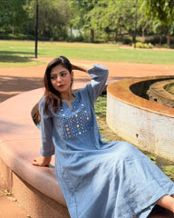 English blue cotton slub kurta (set of 2)