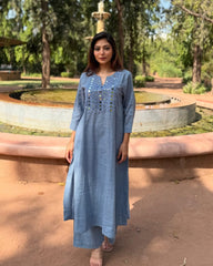 English blue cotton slub kurta (set of 2)