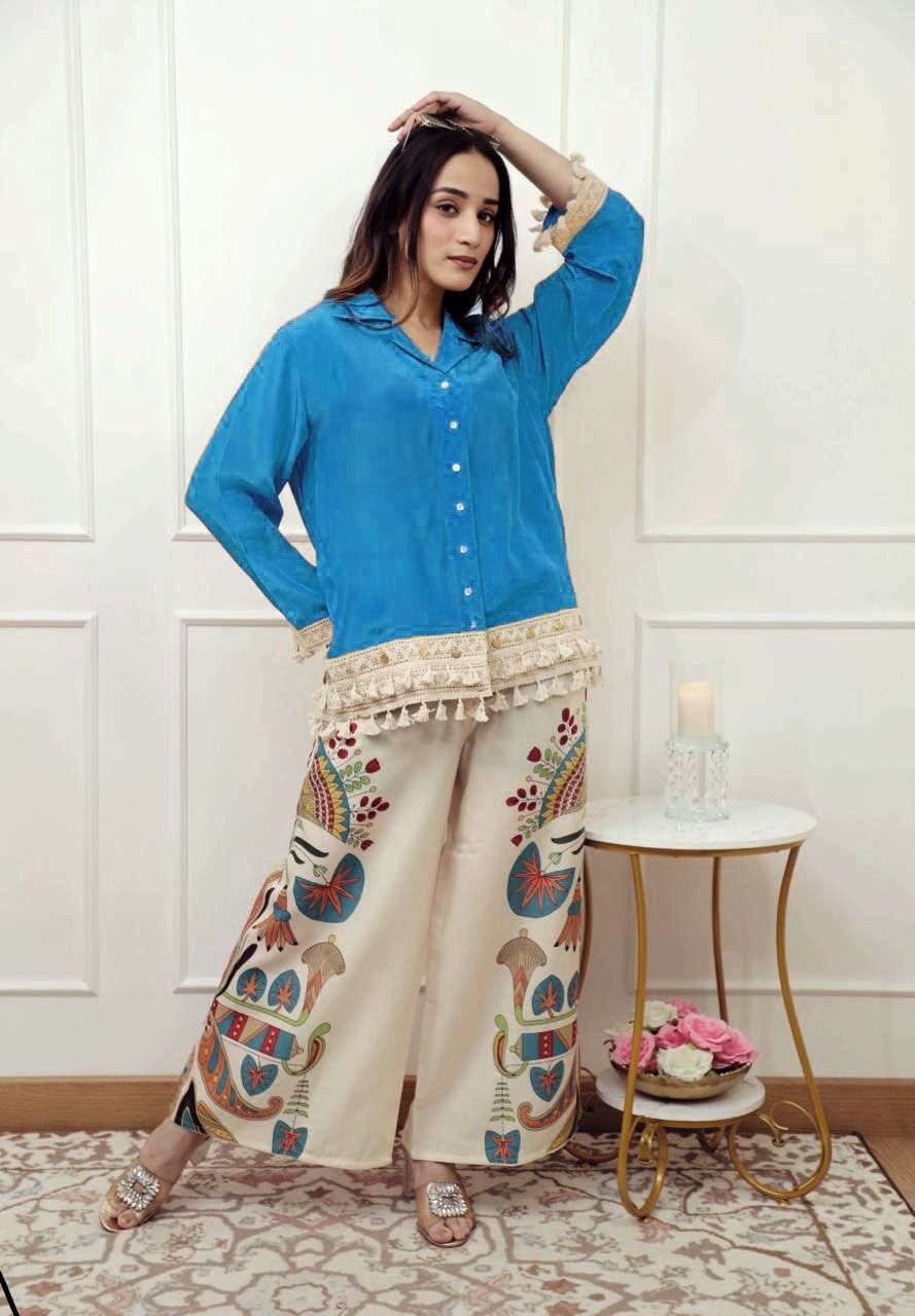 Designer cotton slub co-ord set with printed plazo (set of 2)