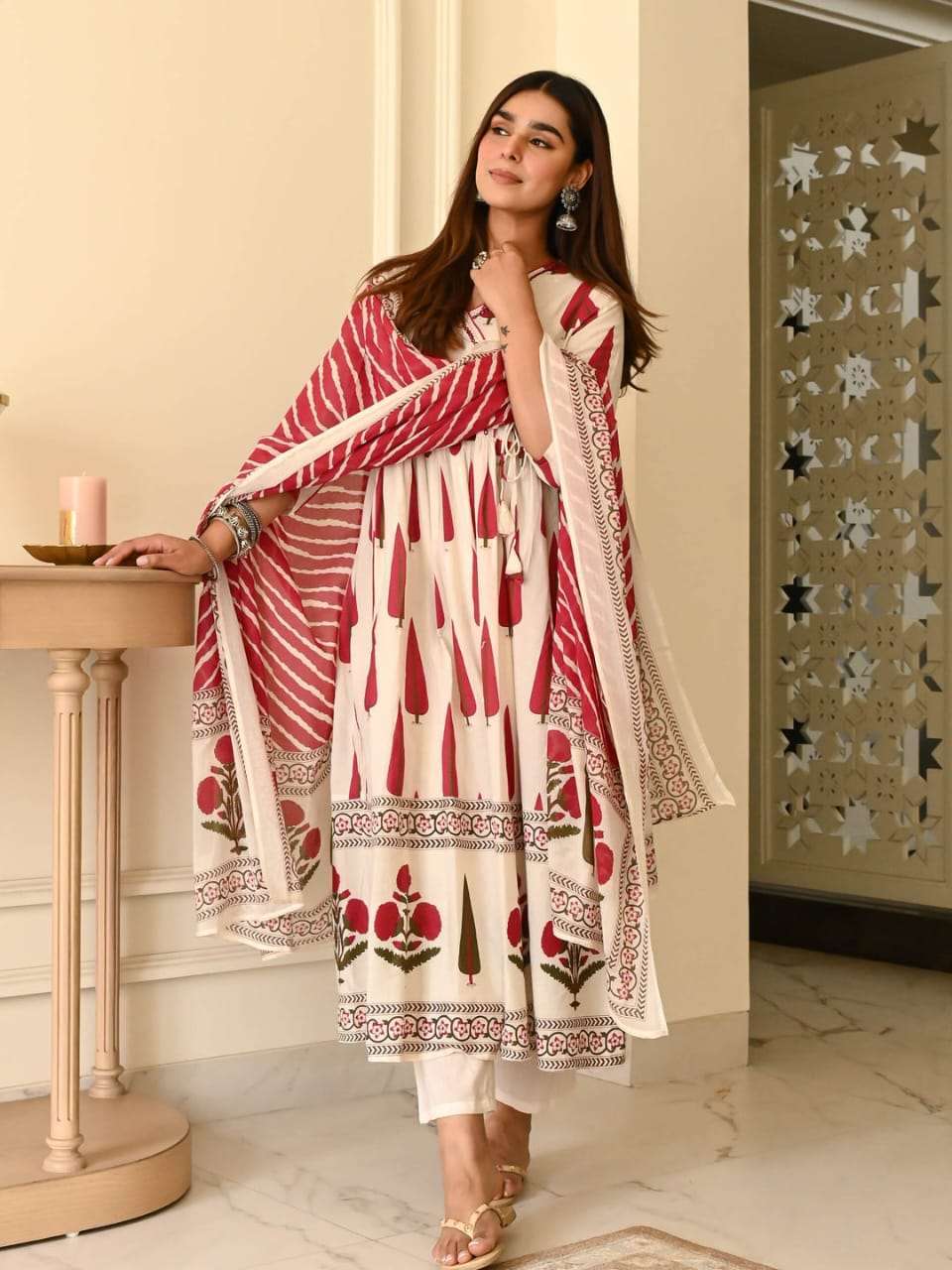 Beautiful leaf printed cotton angarkha set (set of 2)
