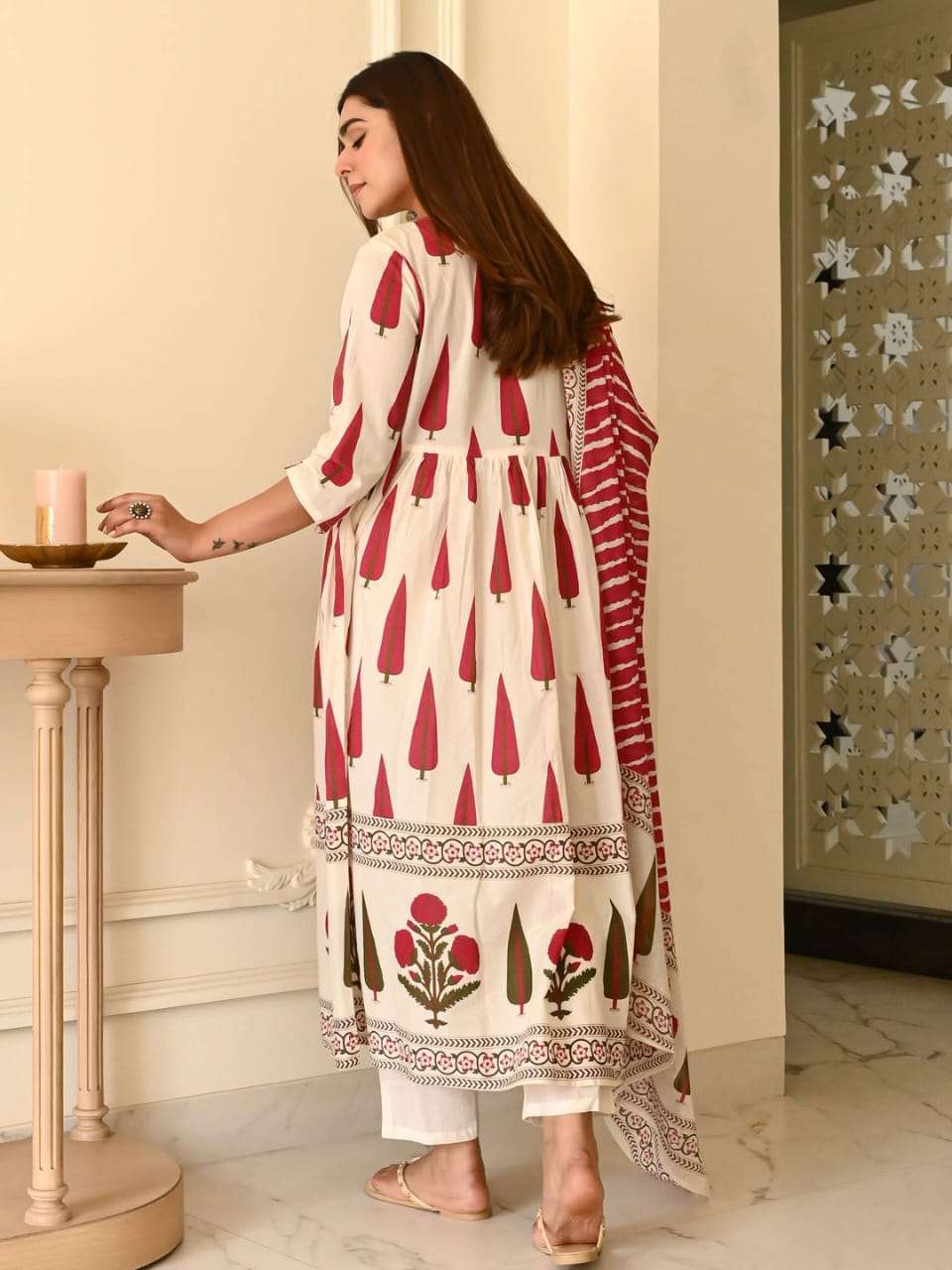 Beautiful leaf printed cotton angarkha set (set of 2)