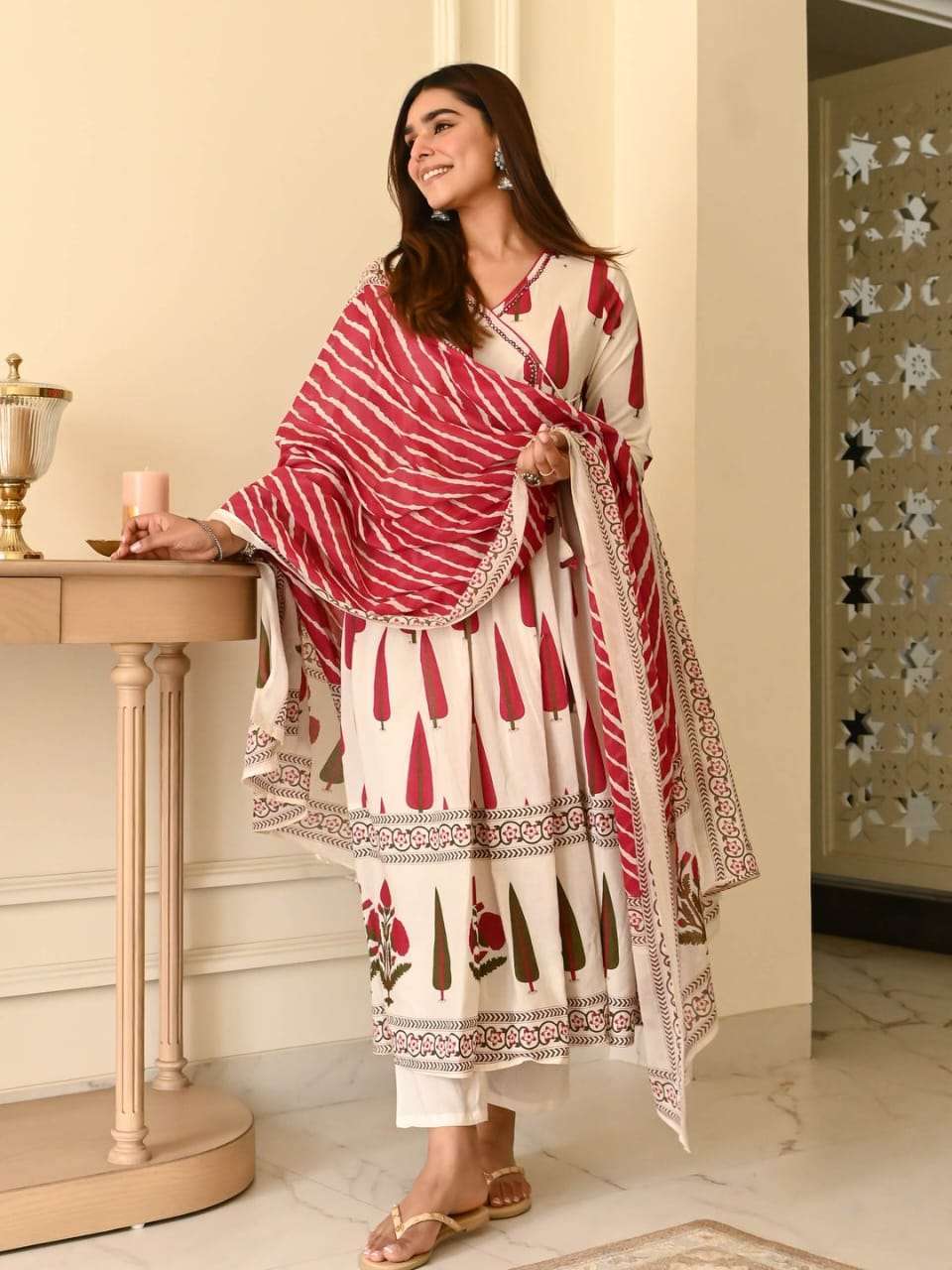 Beautiful leaf printed cotton angarkha set (set of 2)
