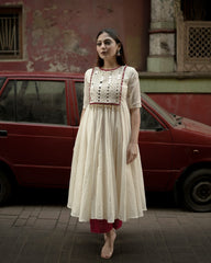 Mirror embroidered cotton anarkali kurta (set of 2)