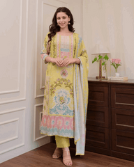 Digitally printed yellow maslin kurta (set of 3)