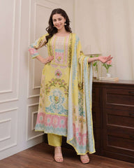 Digitally printed yellow maslin kurta (set of 3)