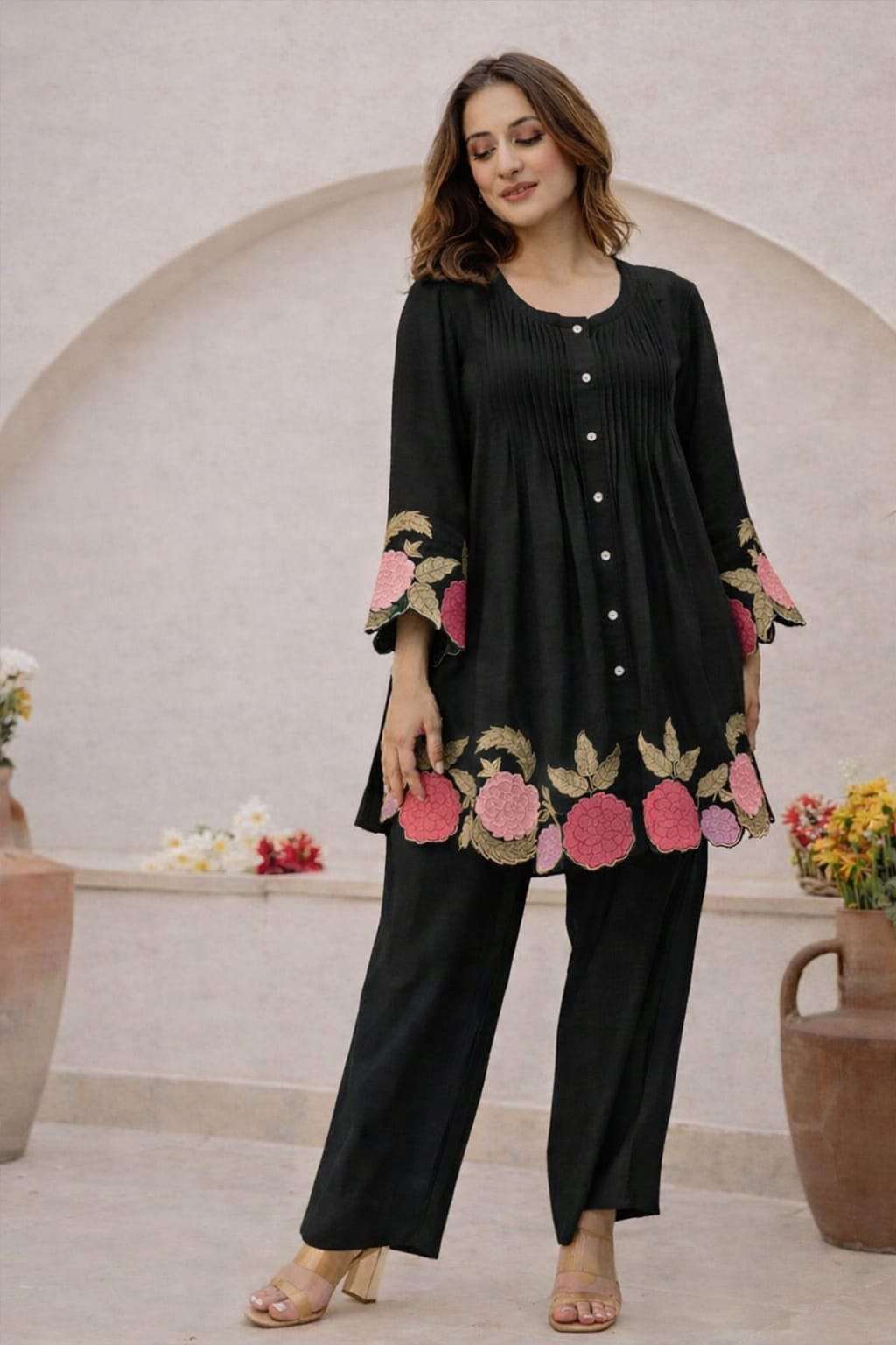 Embroidered cotton co-ord set with shantoon pants