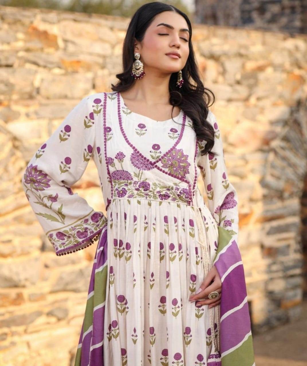 Embroidery yoke aliya cut style with beautiful print and naira cut kurta set - Eraya