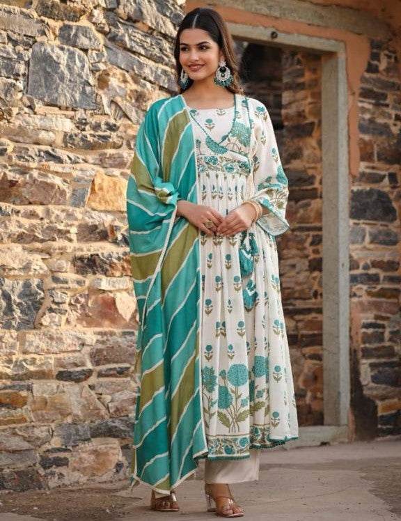 Embroidery yoke aliya cut style with beautiful print and naira cut kurta set - Eraya