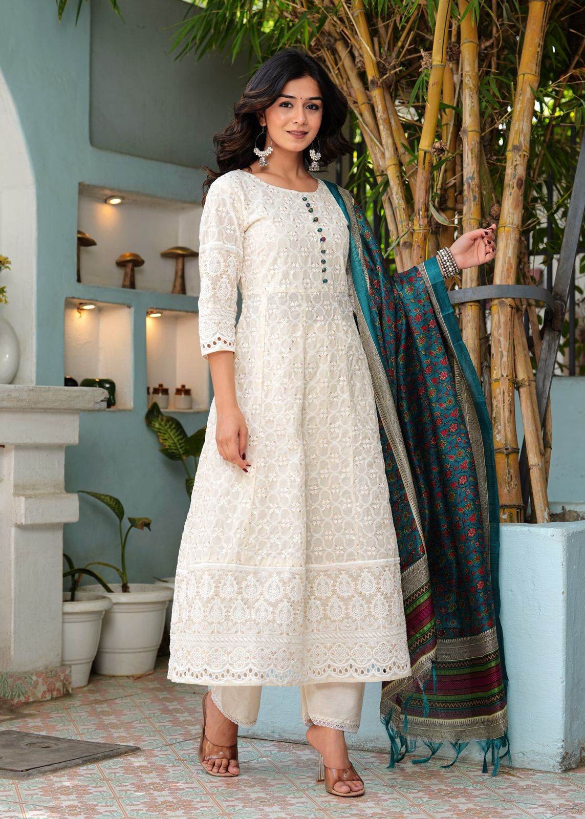 Pure lucknowi chikankari anarkali kurta with chanderi digital print dupatta - Eraya