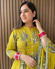Designer yoke with floral printed three piece kurti set - Eraya