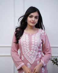 Heavy chikan work co-ordinated kurti pant set