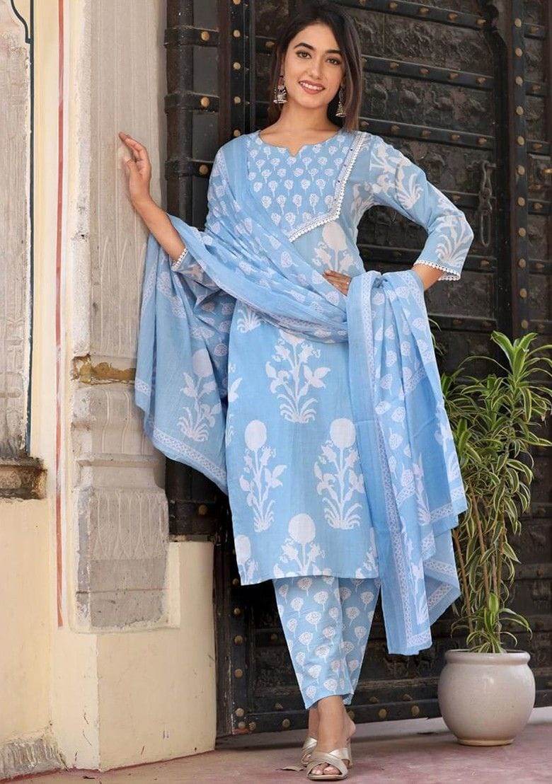 Floral Printed Notch Neck Pure Cotton Straight Kurta With Pant And Dupatta - Eraya