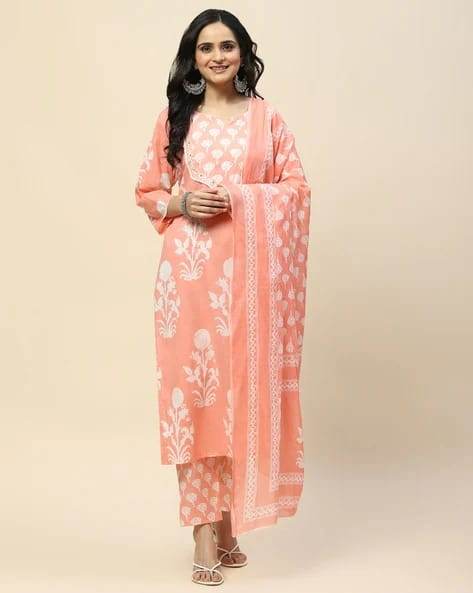 Floral Printed Notch Neck Pure Cotton Straight Kurta With Pant And Dupatta - Eraya