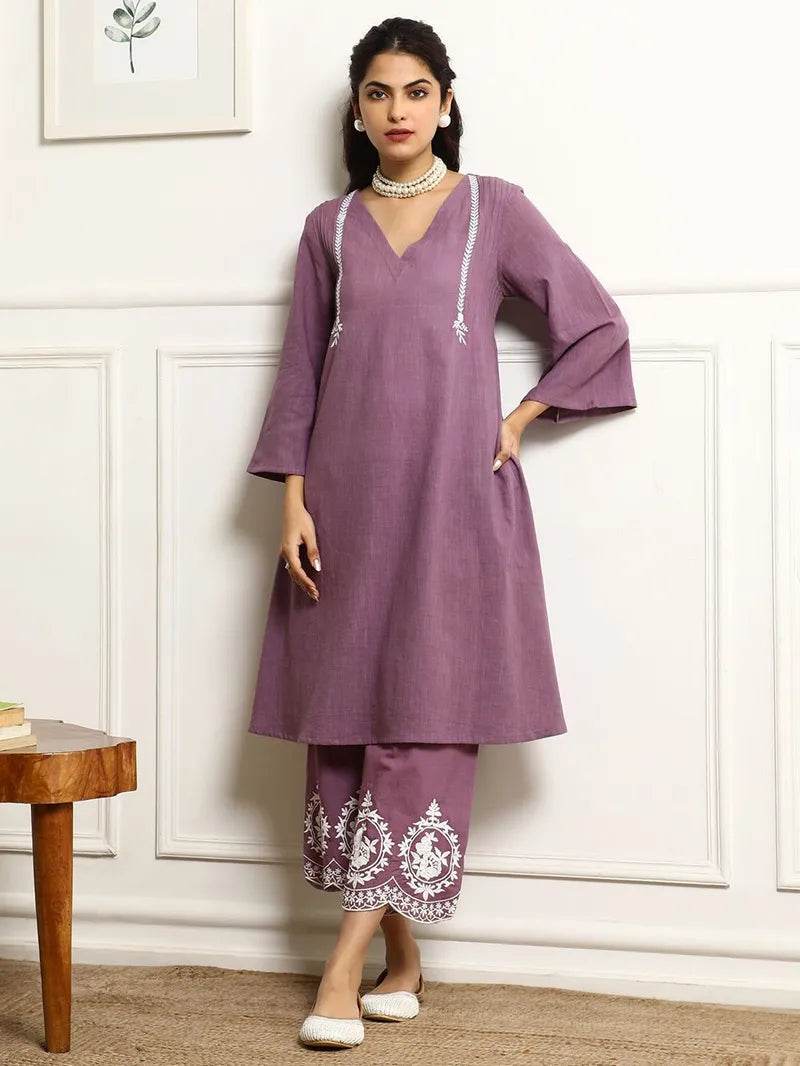 Lavender colour V-shaped cotton kurti-pant and dupatta set - Eraya