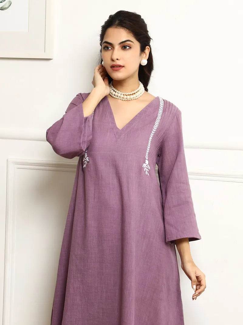 Lavender colour V-shaped cotton kurti-pant and dupatta set - Eraya
